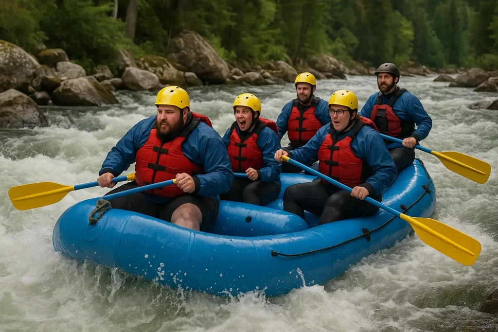 A overweight person doing whitewater rafting