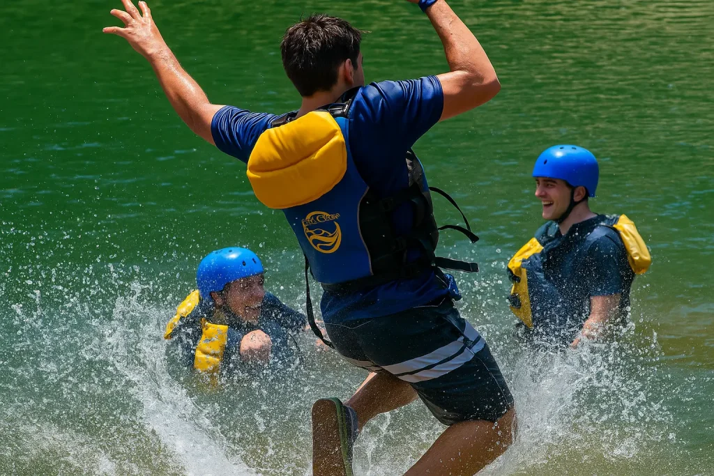 People swimming in river after rafting in PFDs
